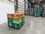 Orbis Stakpak Stackable Plastic Tote Container Bin 24x22x14" Green Orange Lot 12. Fixed Price $227.99.