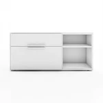 Knoll White Office Cabinet Wood Free Standing Matte Finish Drawers Shelves. Fixed Price $450.00.