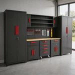 8-pc Black Garage Storage Cabinet Set With Drawers, Rolling Chest & Pegboard. Fixed Price $3166.99.