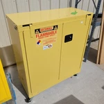 Securall P340 Mobile 40 Gallon Flammable Cabinet, 46"h X 43"w 18"l, Self-latch. Fixed Price $499.99.