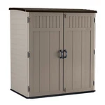 Suncast X-large Vertical Storage Shed, All-weather Outdoor Backyard Unit, Sand. Fixed Price $649.99.